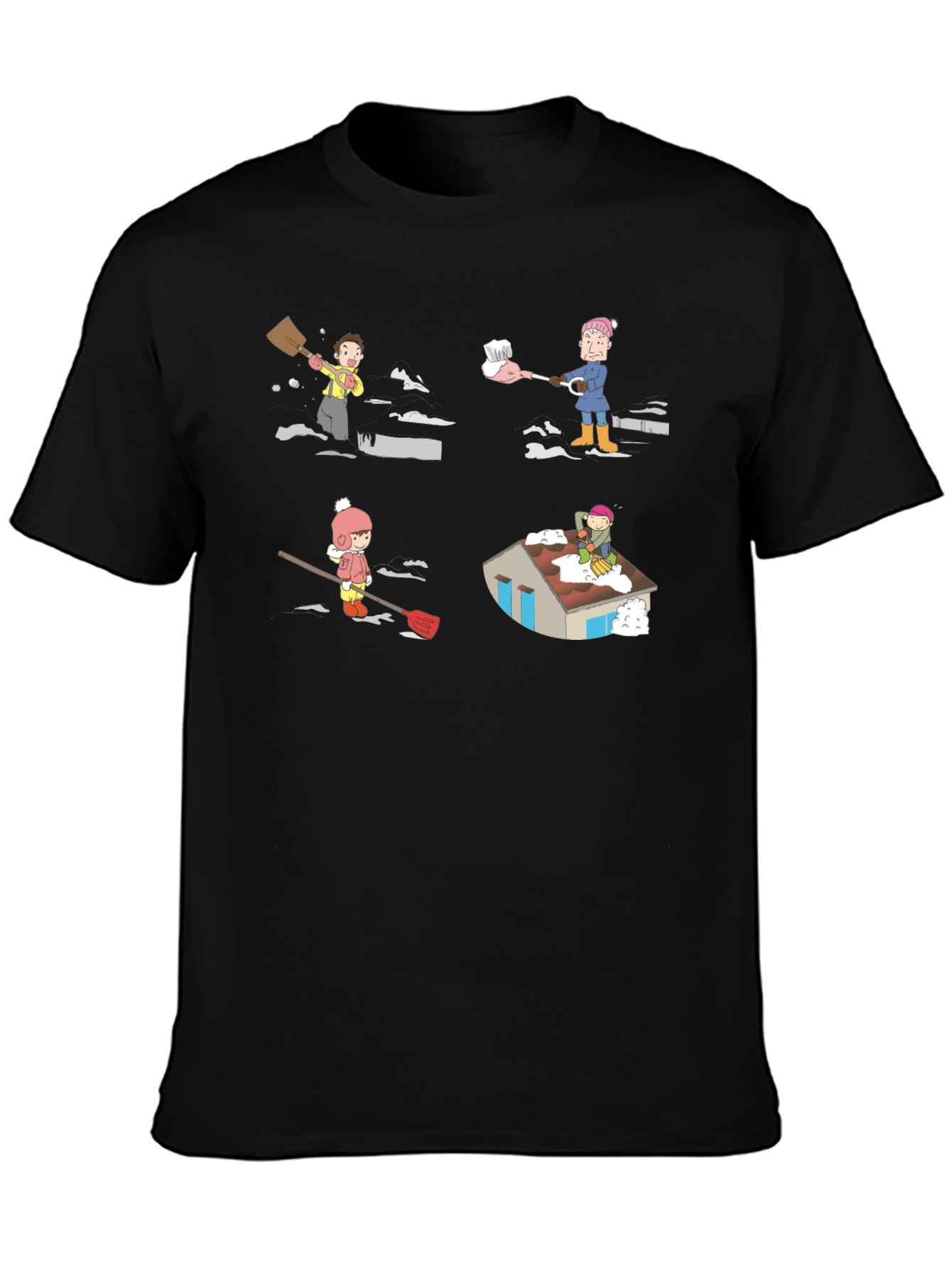 Snow Shoveling Cartoon Graphic Tee - Black