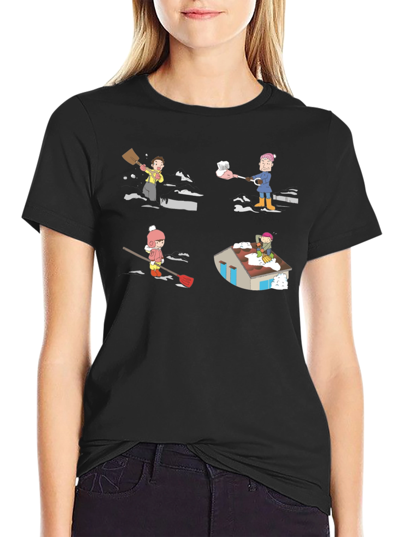 Snow Shoveling Cartoon Graphic Tee - Black