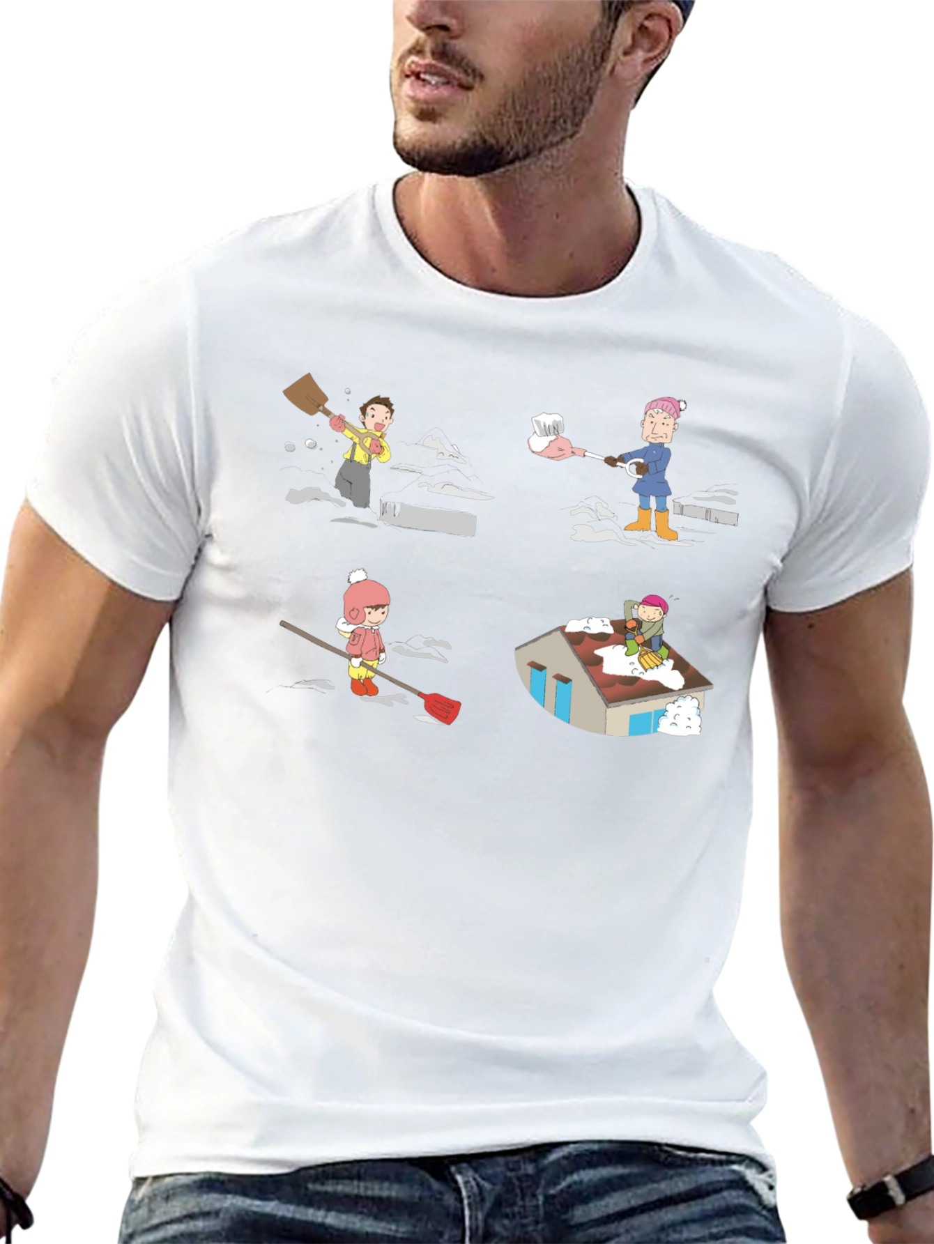 Snow Shoveling Cartoon Graphic Tee - Black