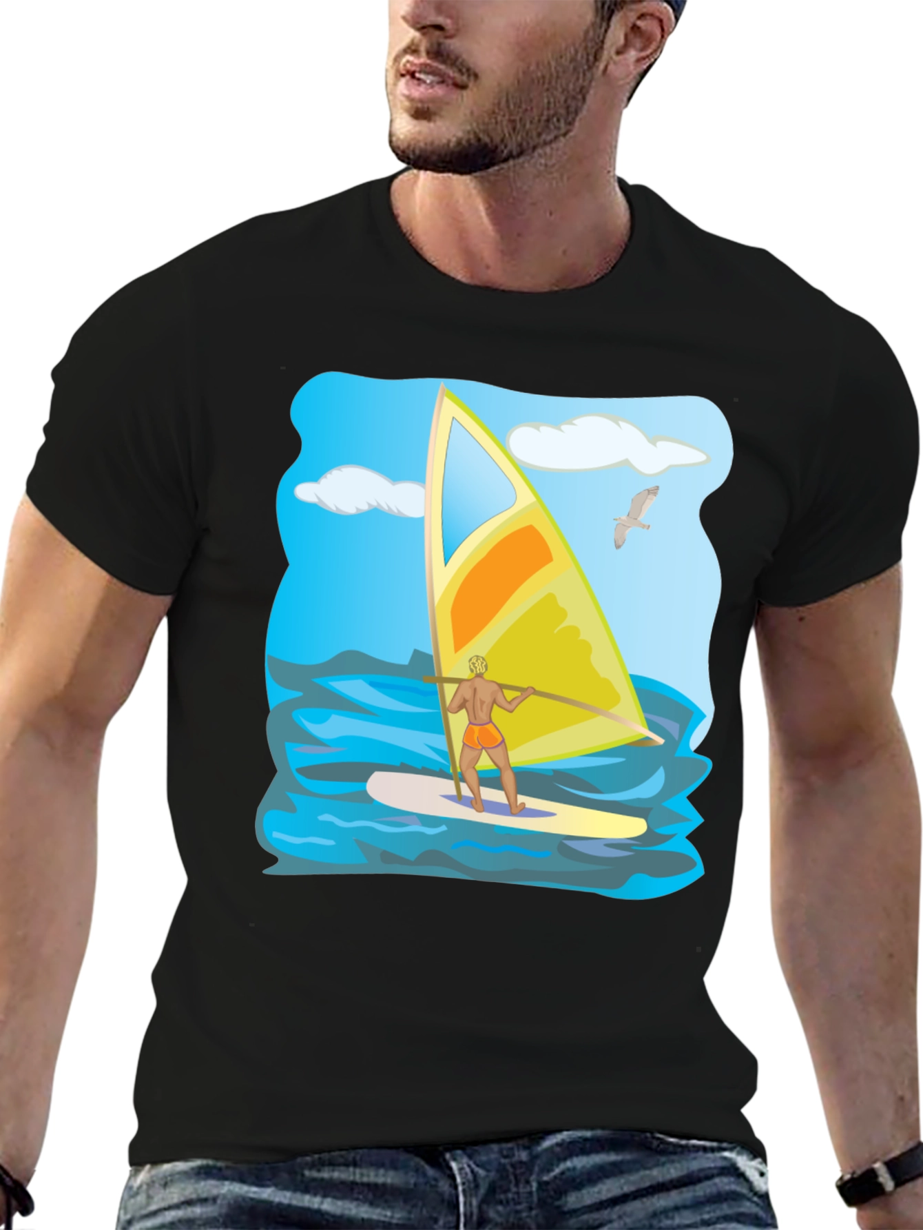 Windsurfing Graphic T-Shirt: Black Cotton Tee