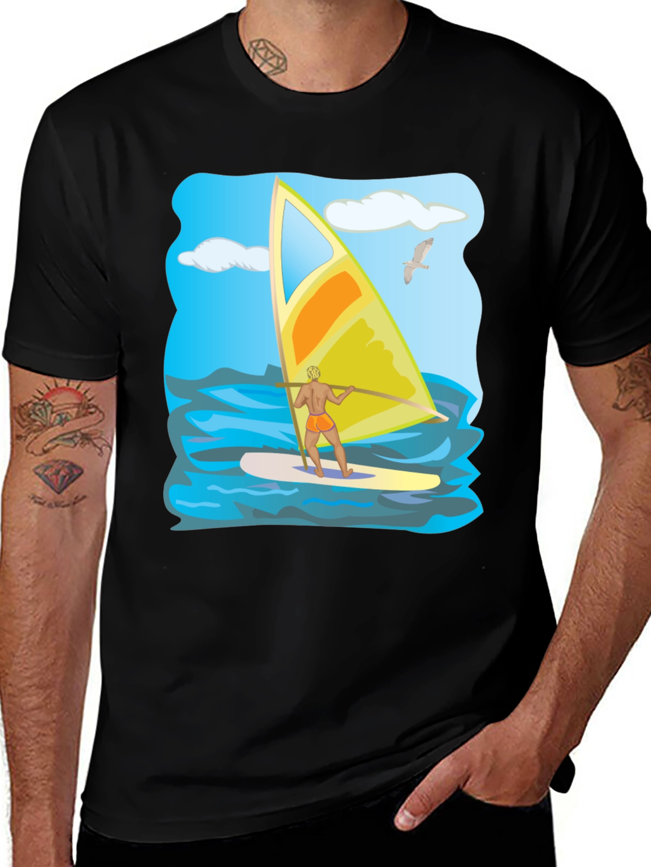 Windsurfing Graphic T-Shirt: Black Cotton Tee