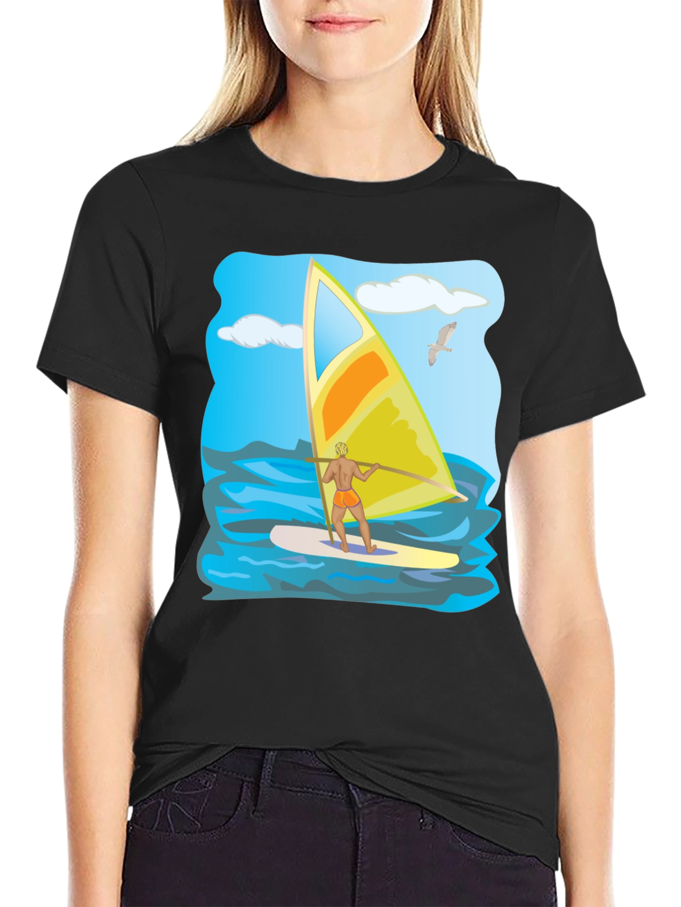 Windsurfing Graphic T-Shirt: Black Cotton Tee