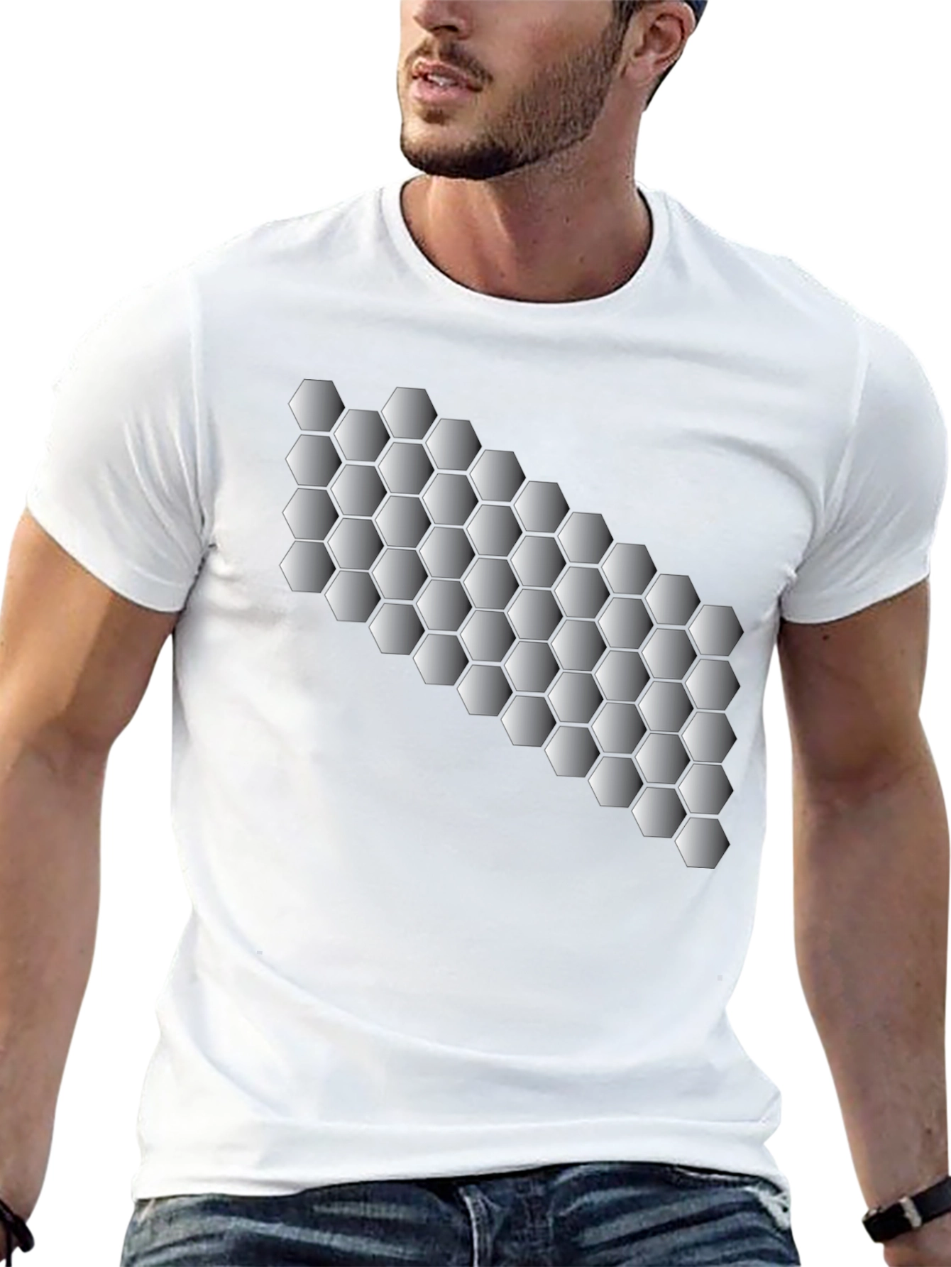 Geometric Hexagon Pattern Black T-Shirt