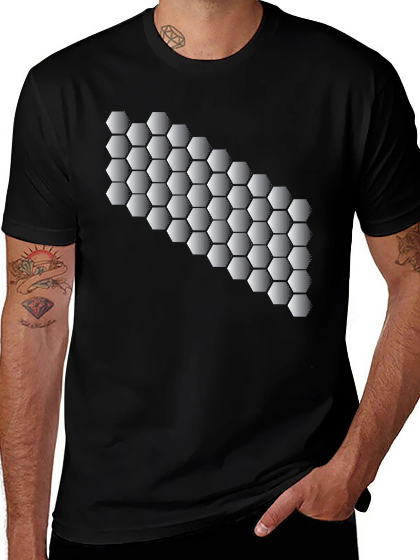 Geometric Hexagon Pattern Black T-Shirt