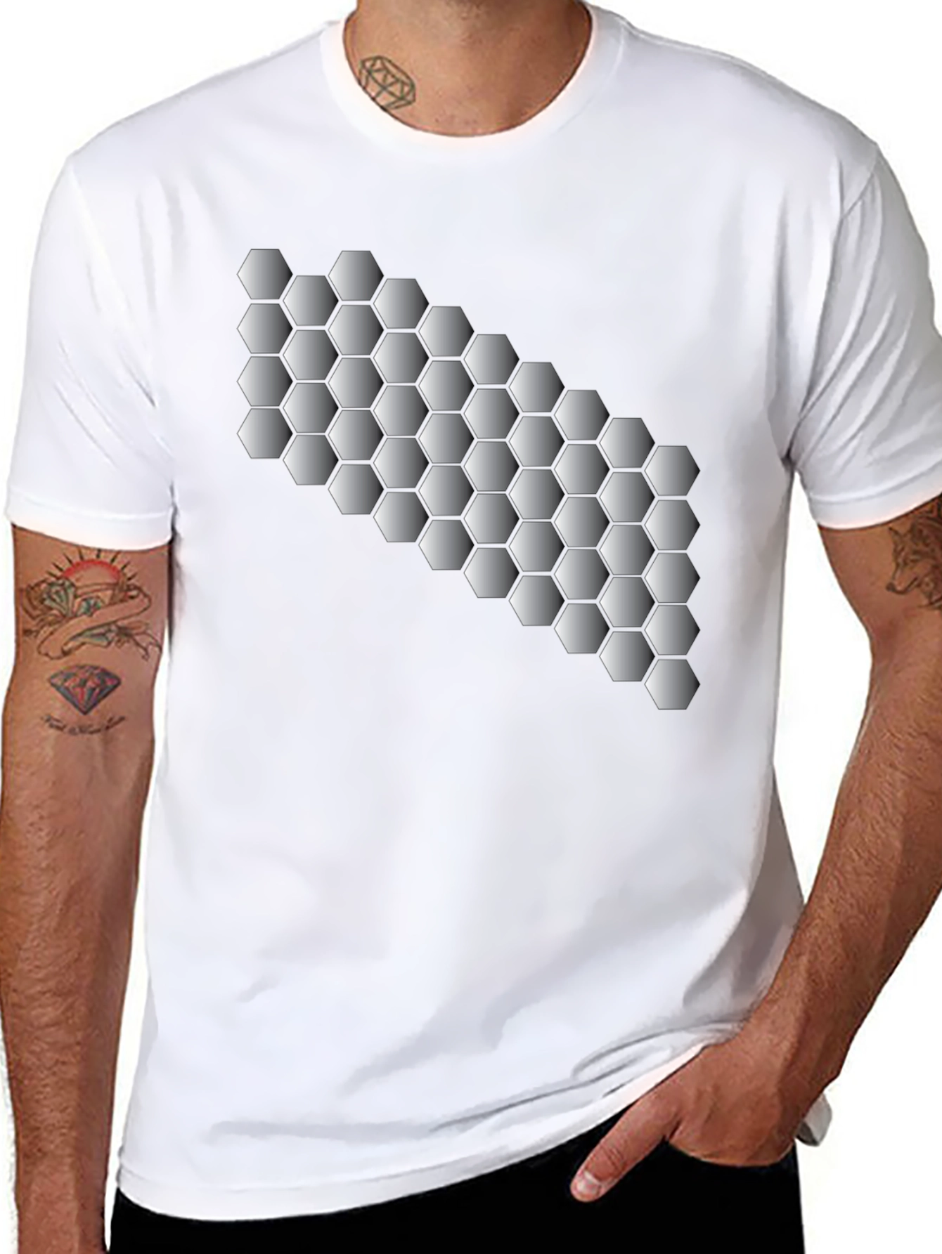 Geometric Hexagon Pattern Black T-Shirt