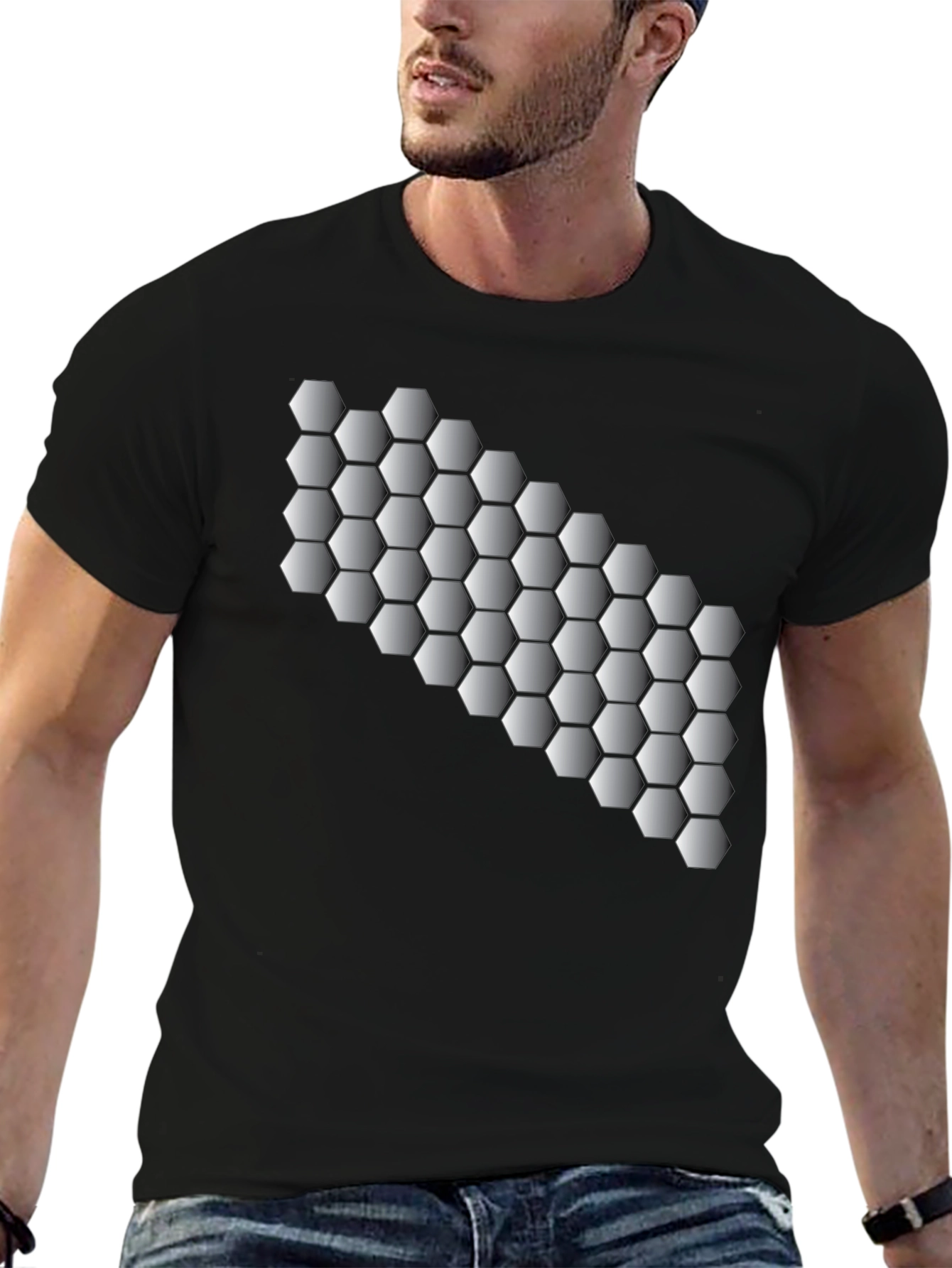 Geometric Hexagon Pattern Black T-Shirt