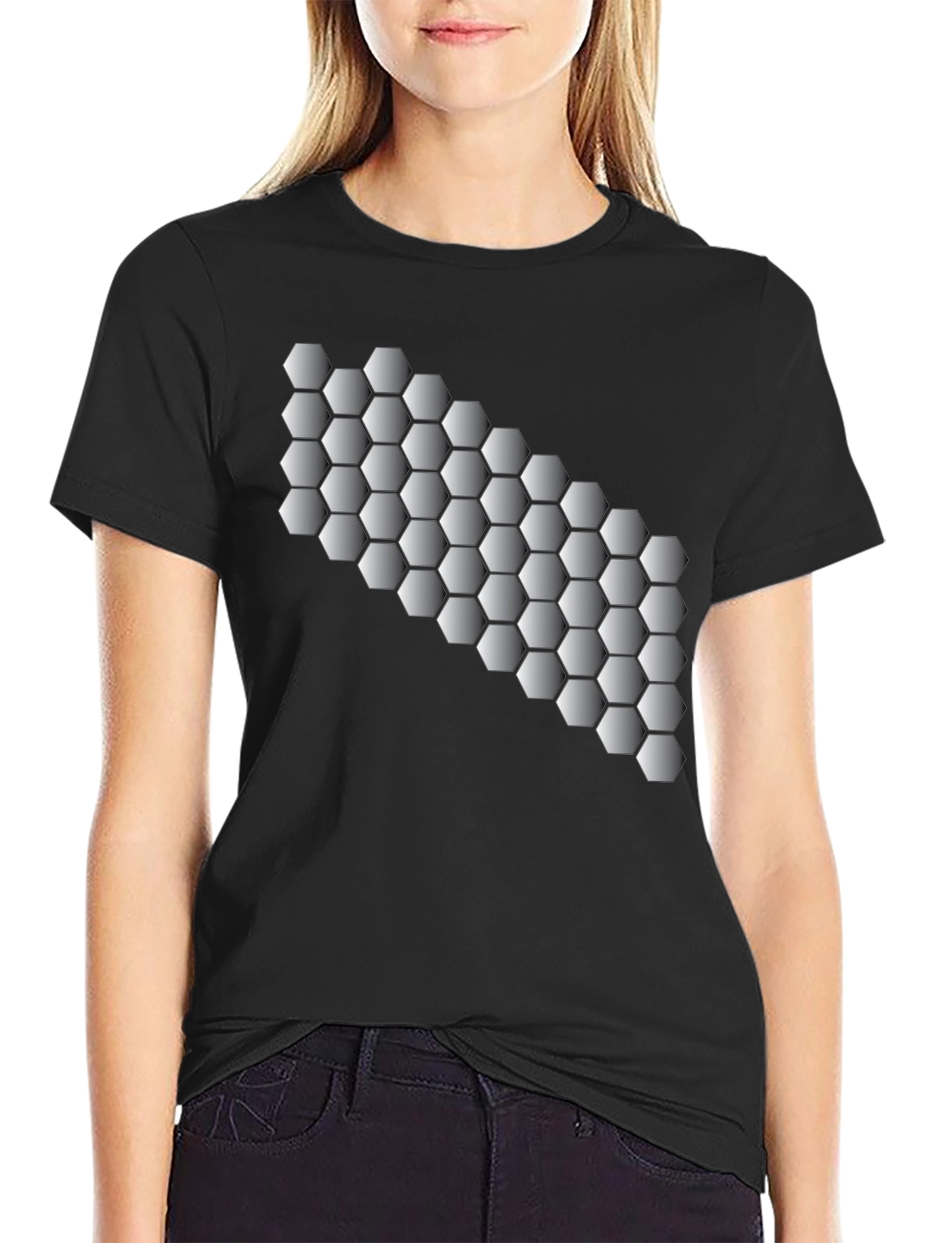 Geometric Hexagon Pattern Black T-Shirt