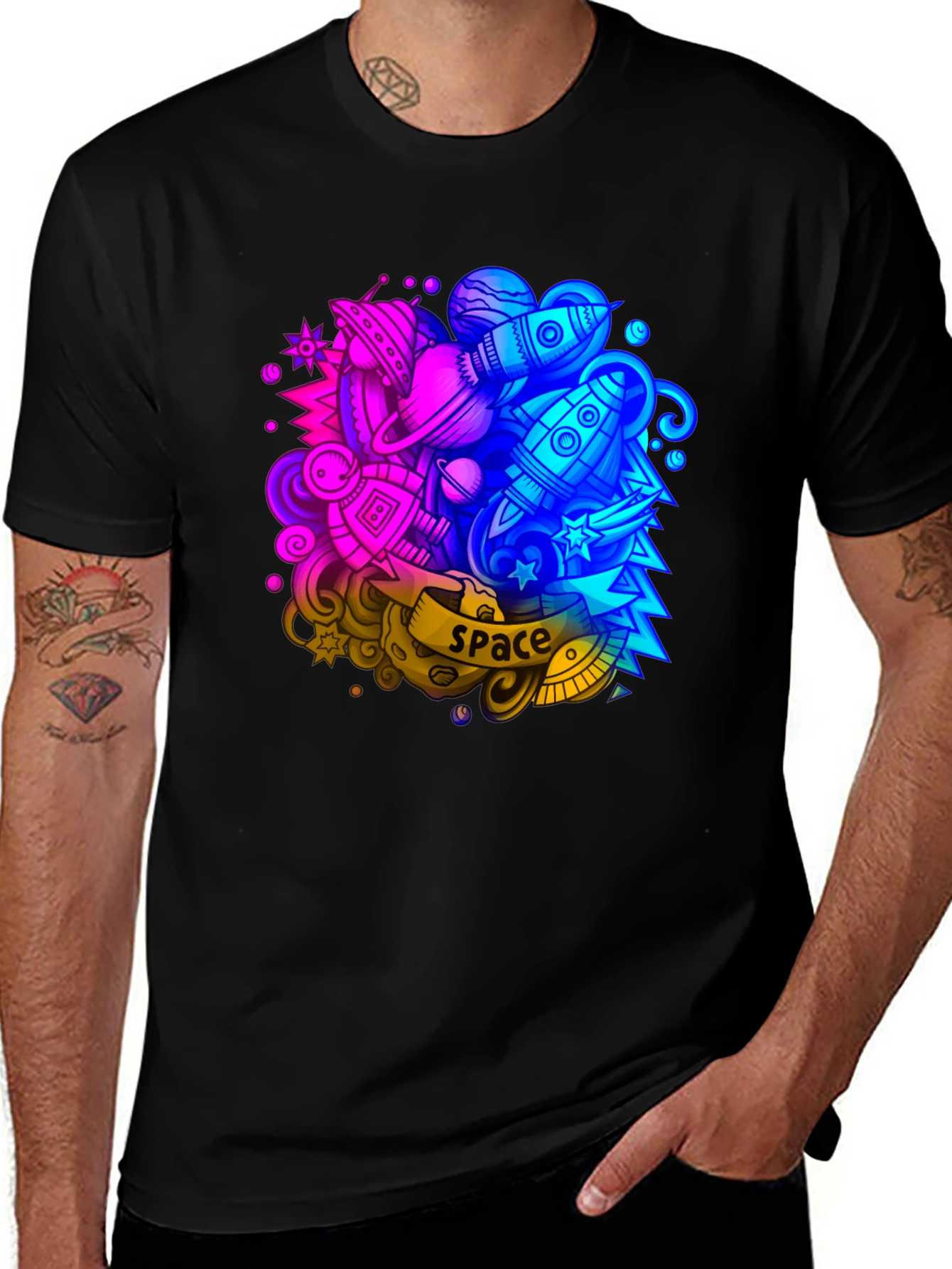 Space Graphic Print Black T-Shirt