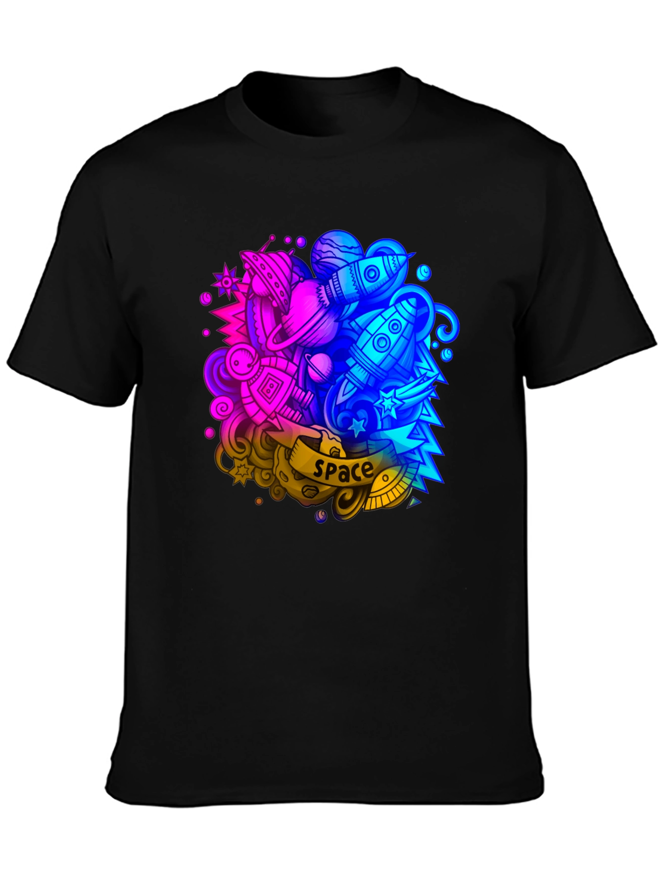 Space Graphic Print Black T-Shirt