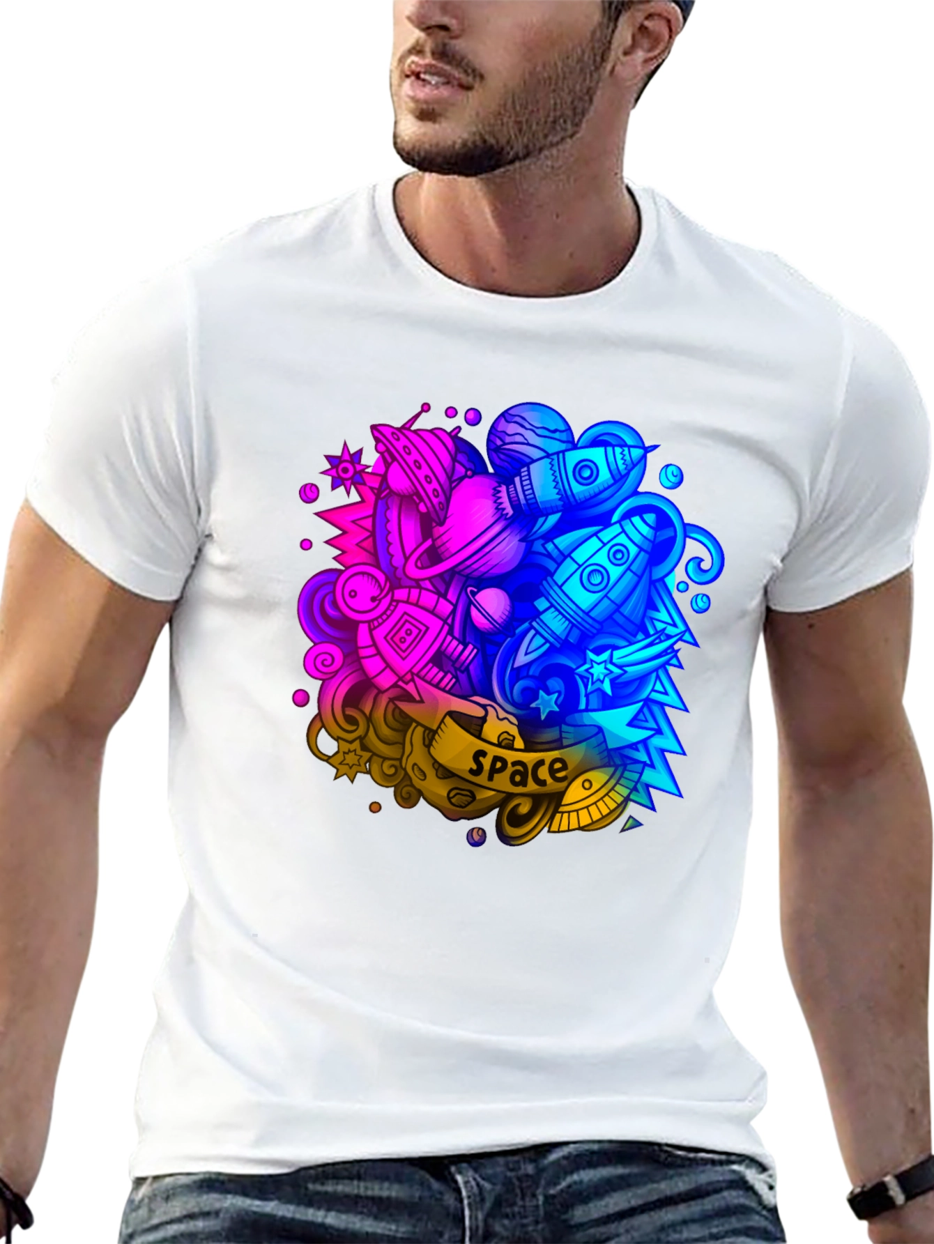 Space Graphic Print Black T-Shirt