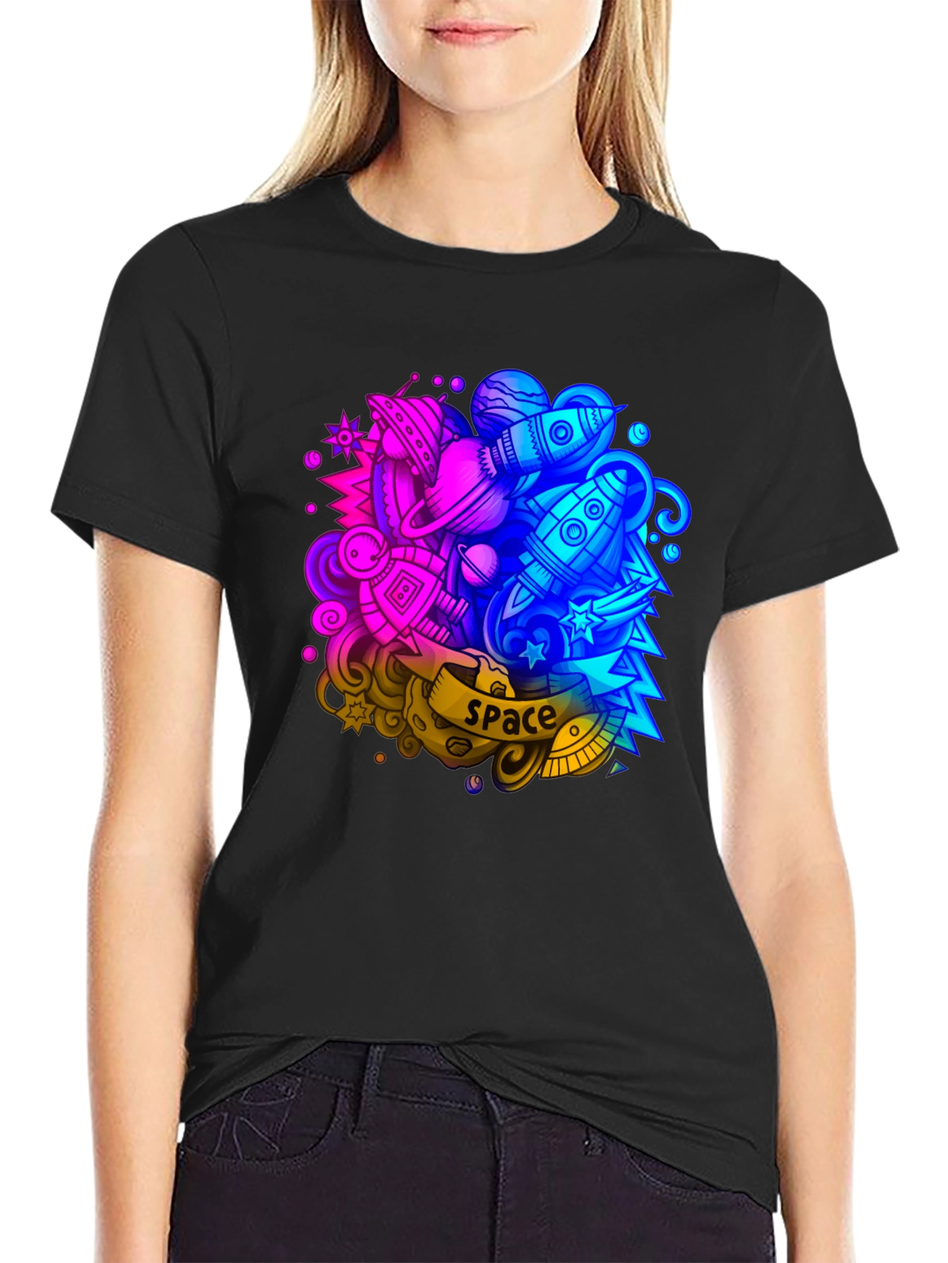 Space Graphic Print Black T-Shirt