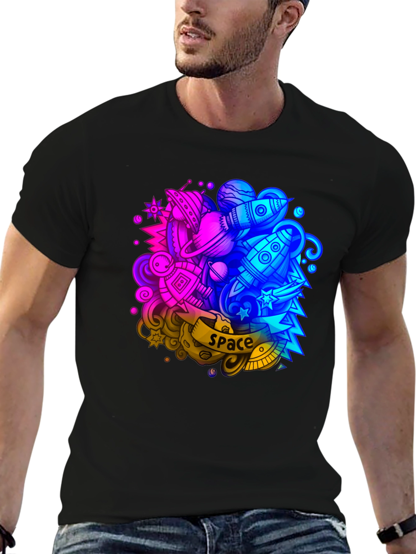 Space Graphic Print Black T-Shirt