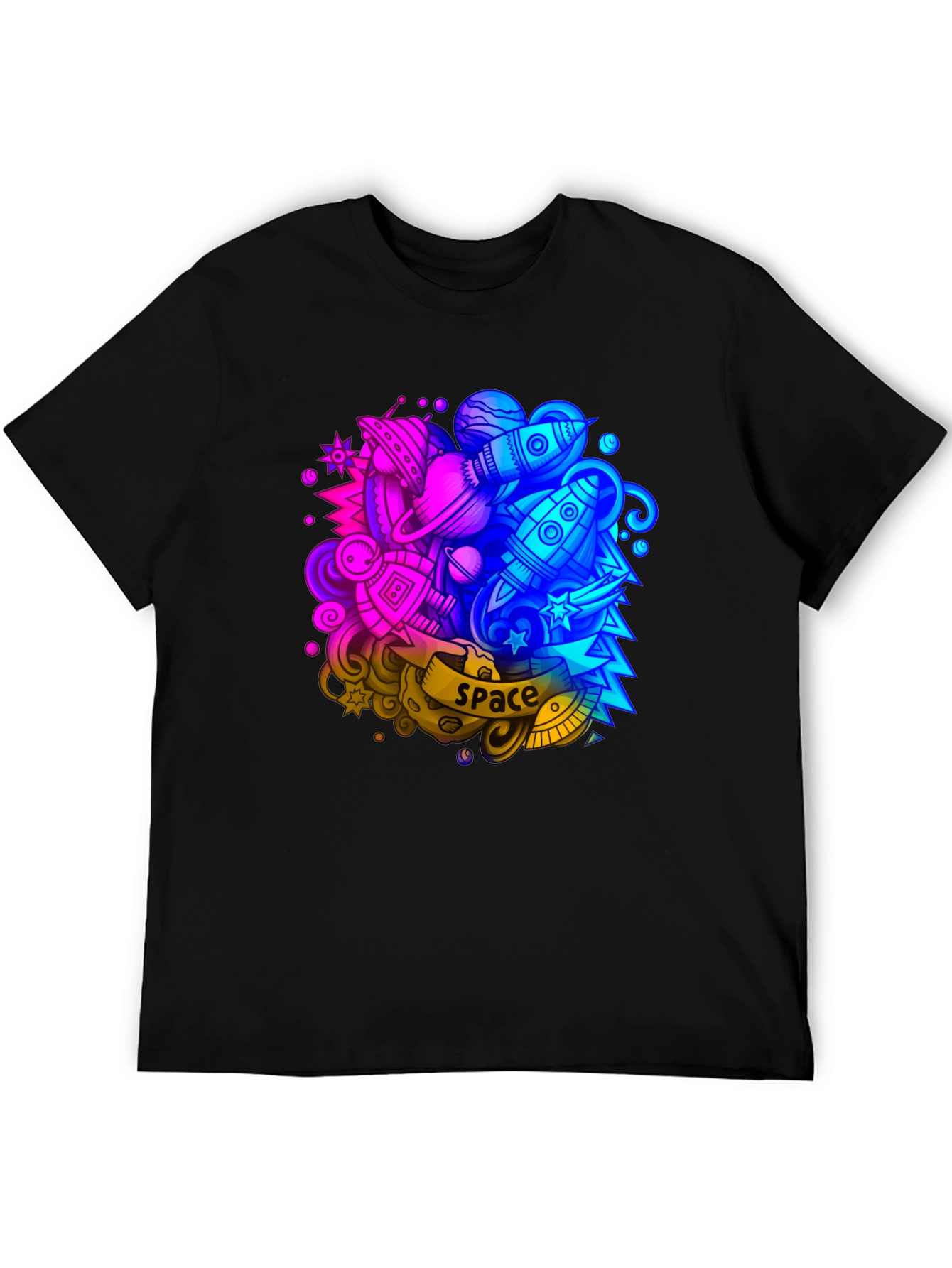 Space Graphic Print Black T-Shirt