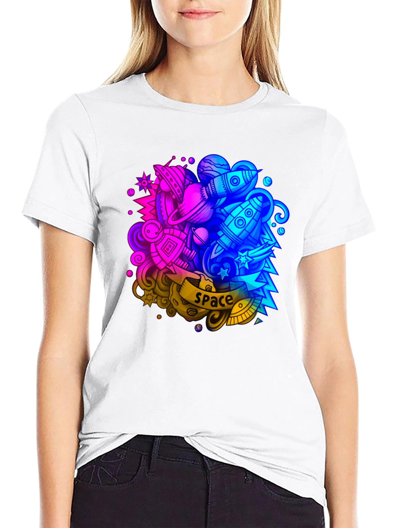 Space Graphic Print Black T-Shirt