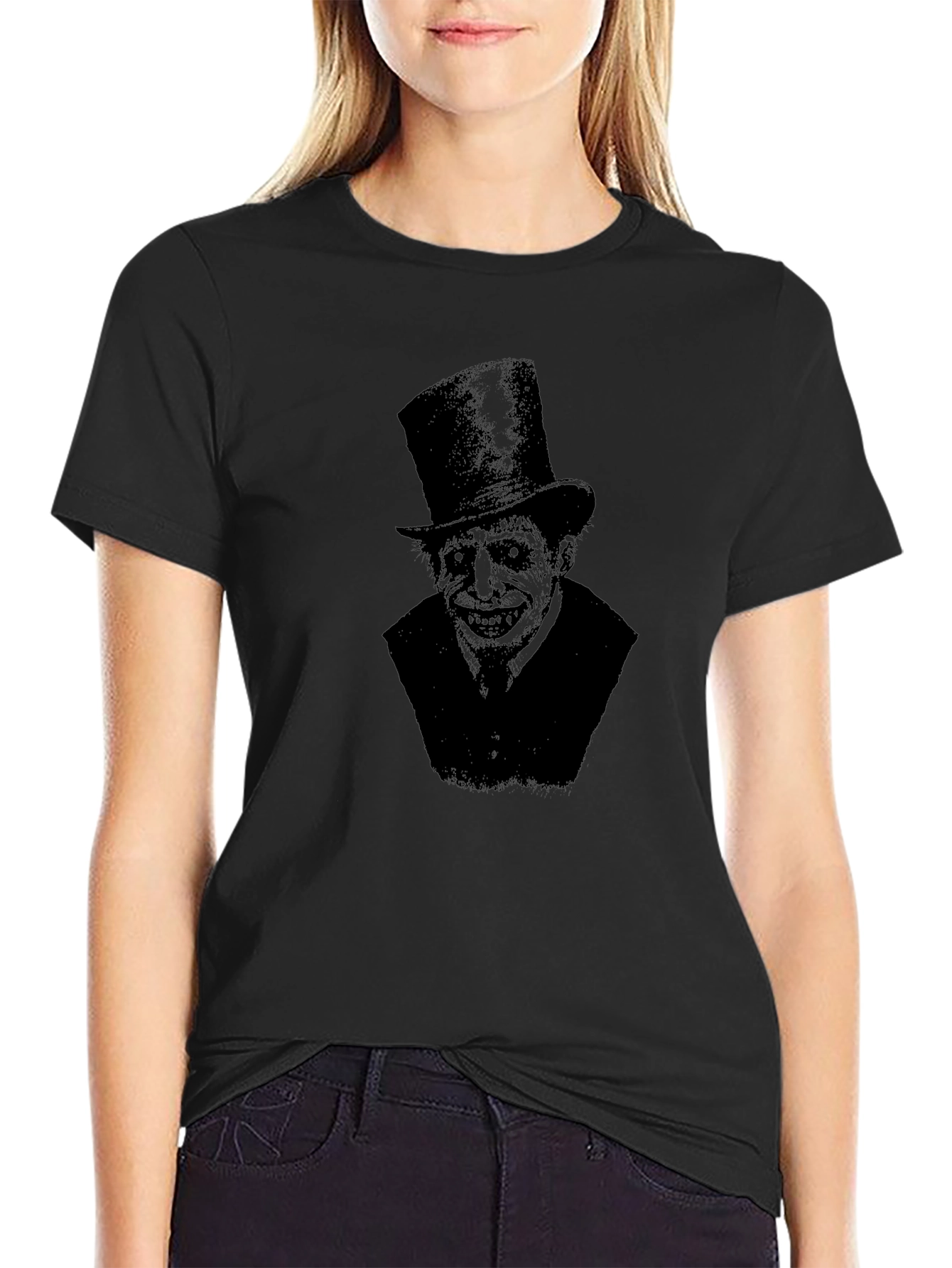 Creepy Top Hat Man Graphic Print Black T-Shirt