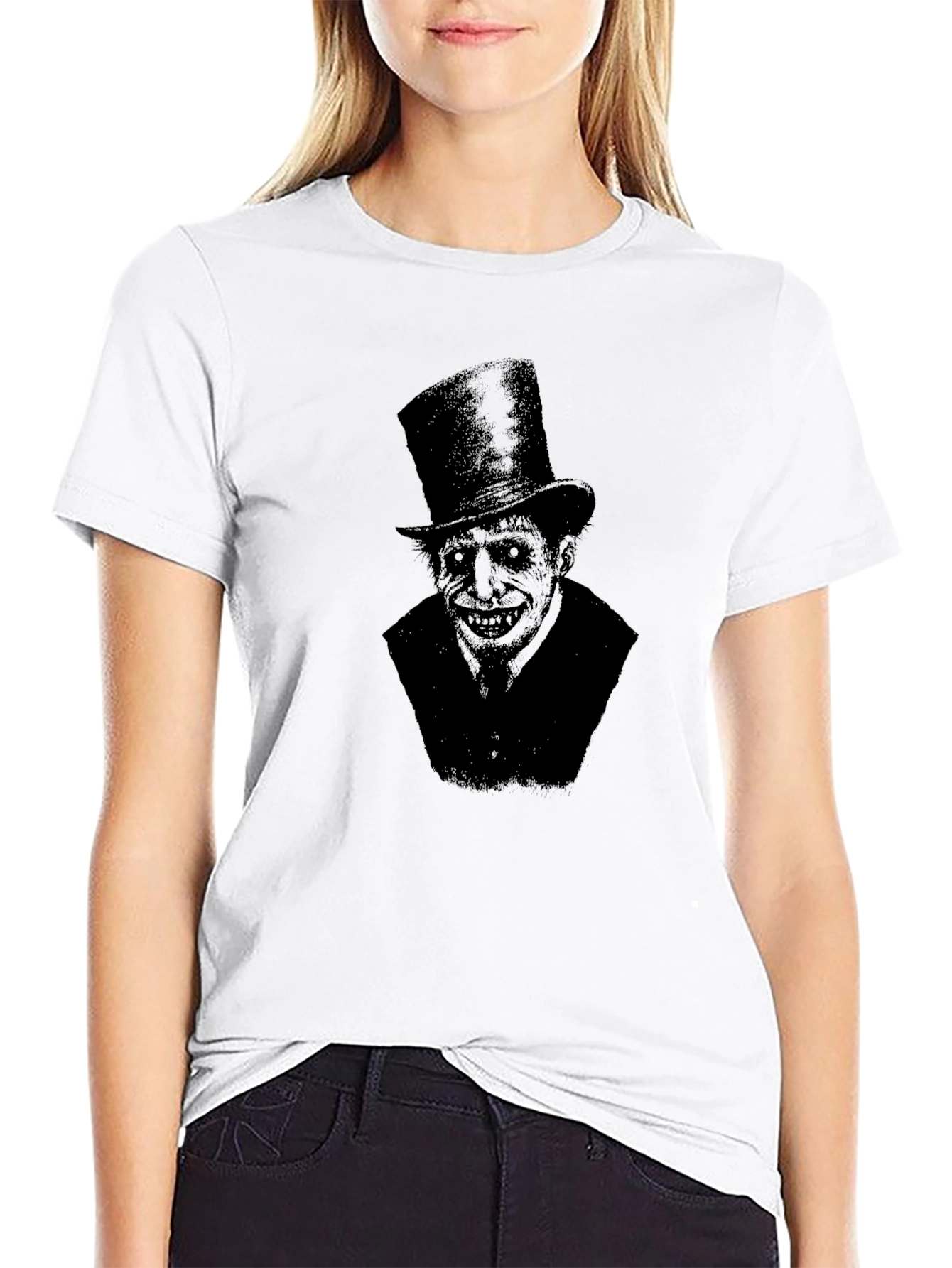 Creepy Top Hat Man Graphic Print Black T-Shirt