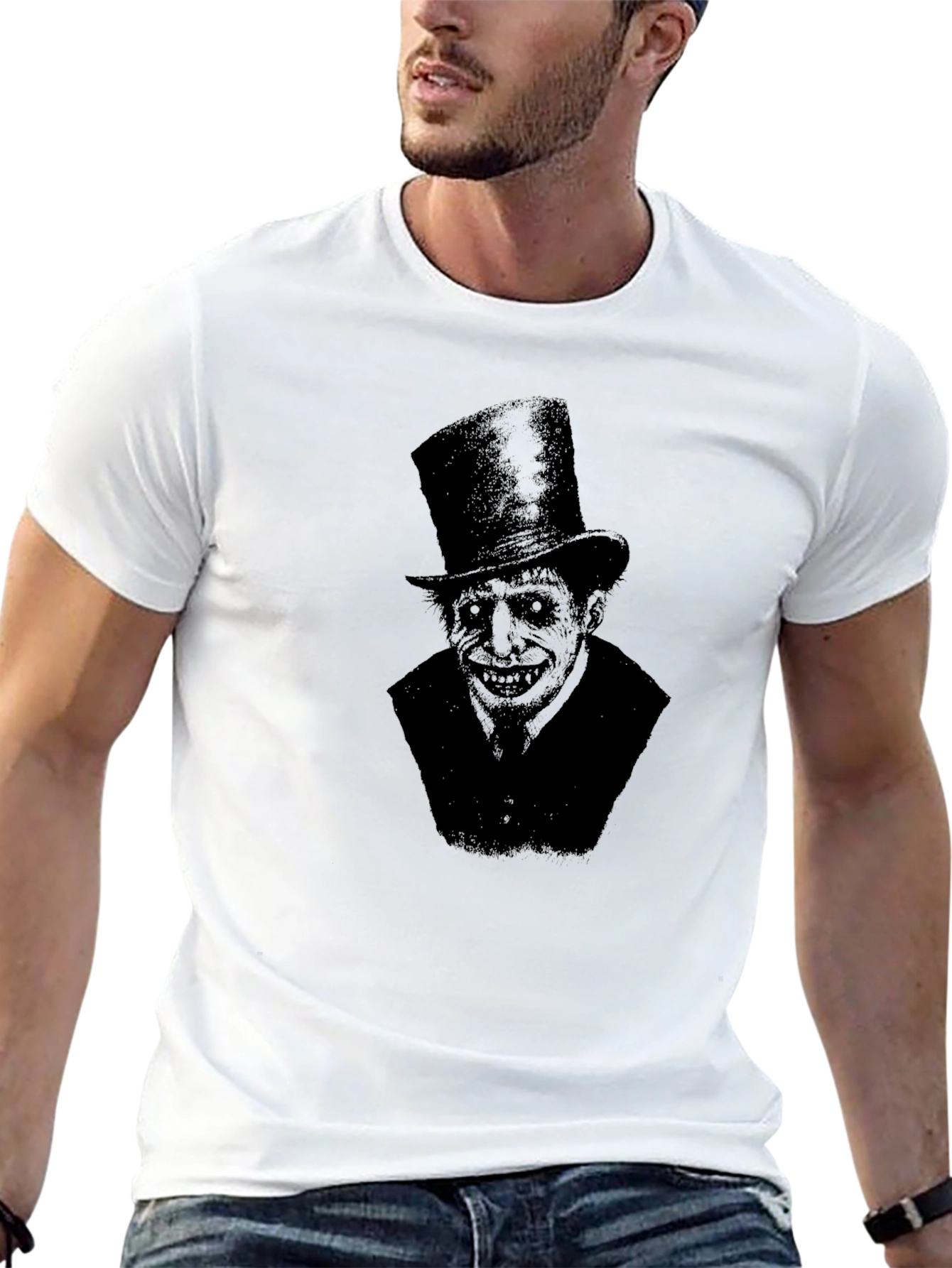 Creepy Top Hat Man Graphic Print Black T-Shirt
