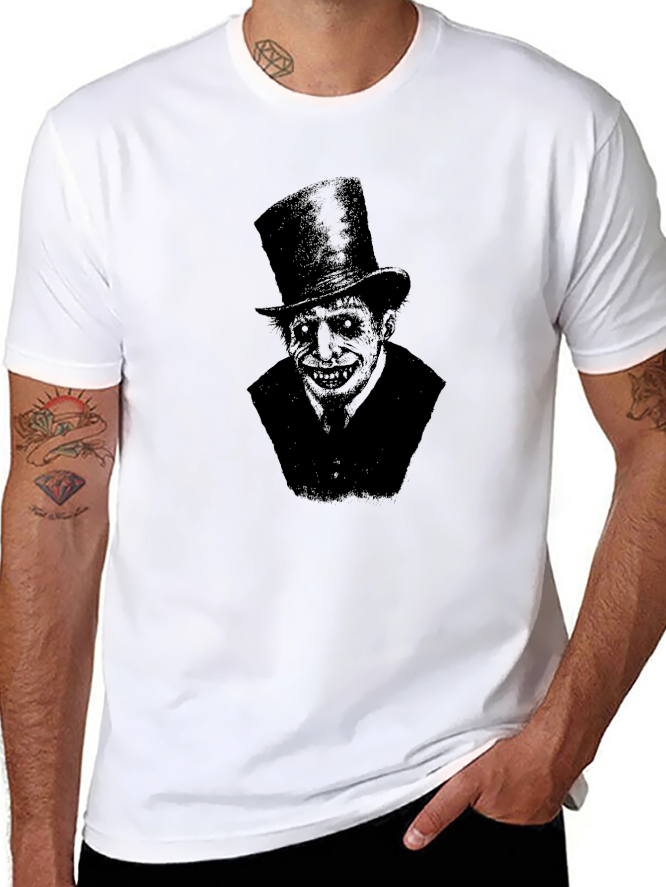 Creepy Top Hat Man Graphic Print Black T-Shirt