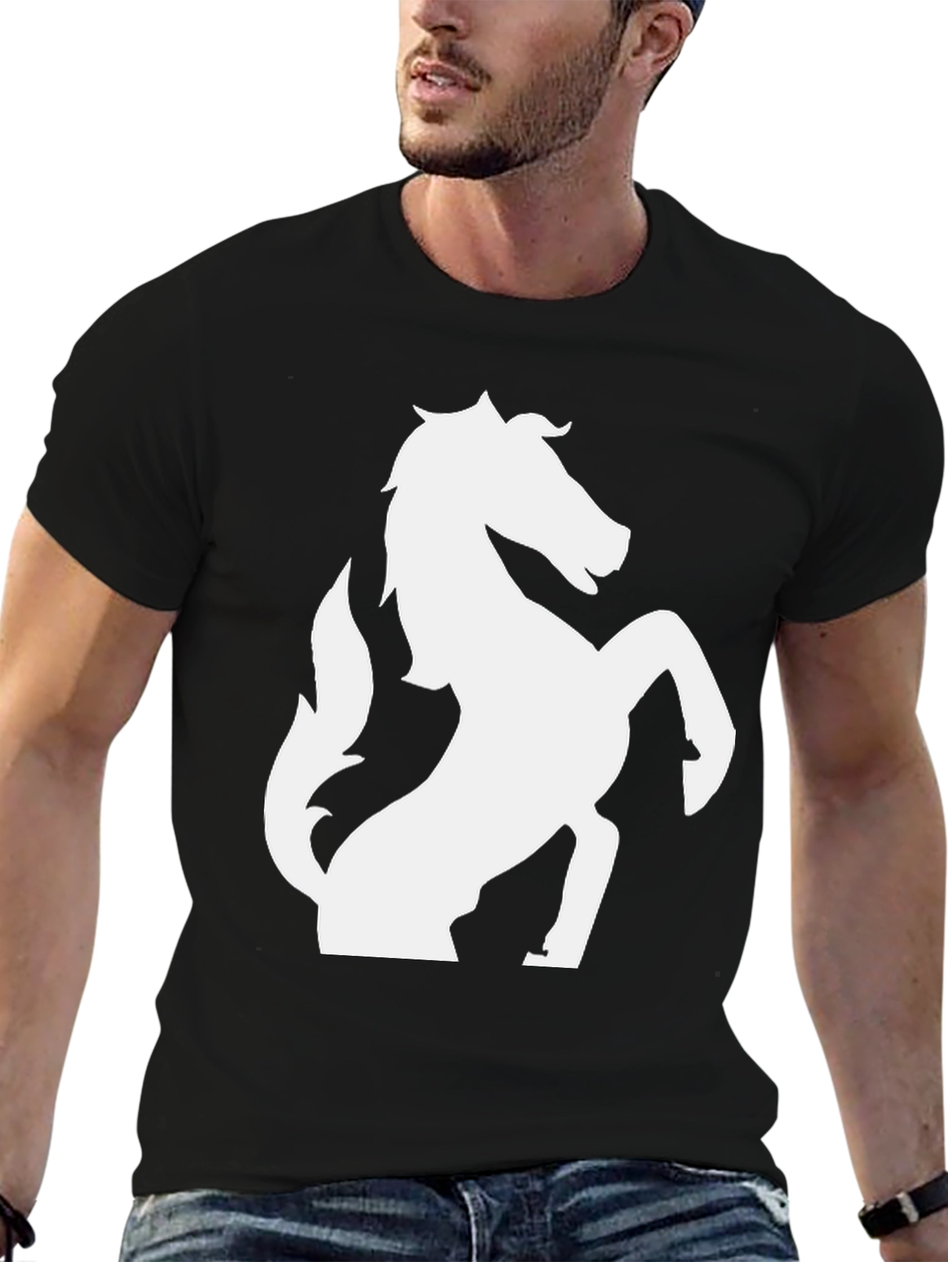 Black T-Shirt with White Horse Graphic