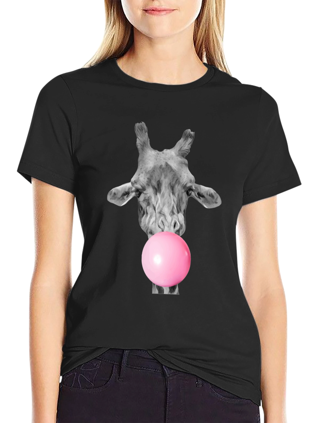 Giraffe Bubblegum T-Shirt - Black Cotton Tee