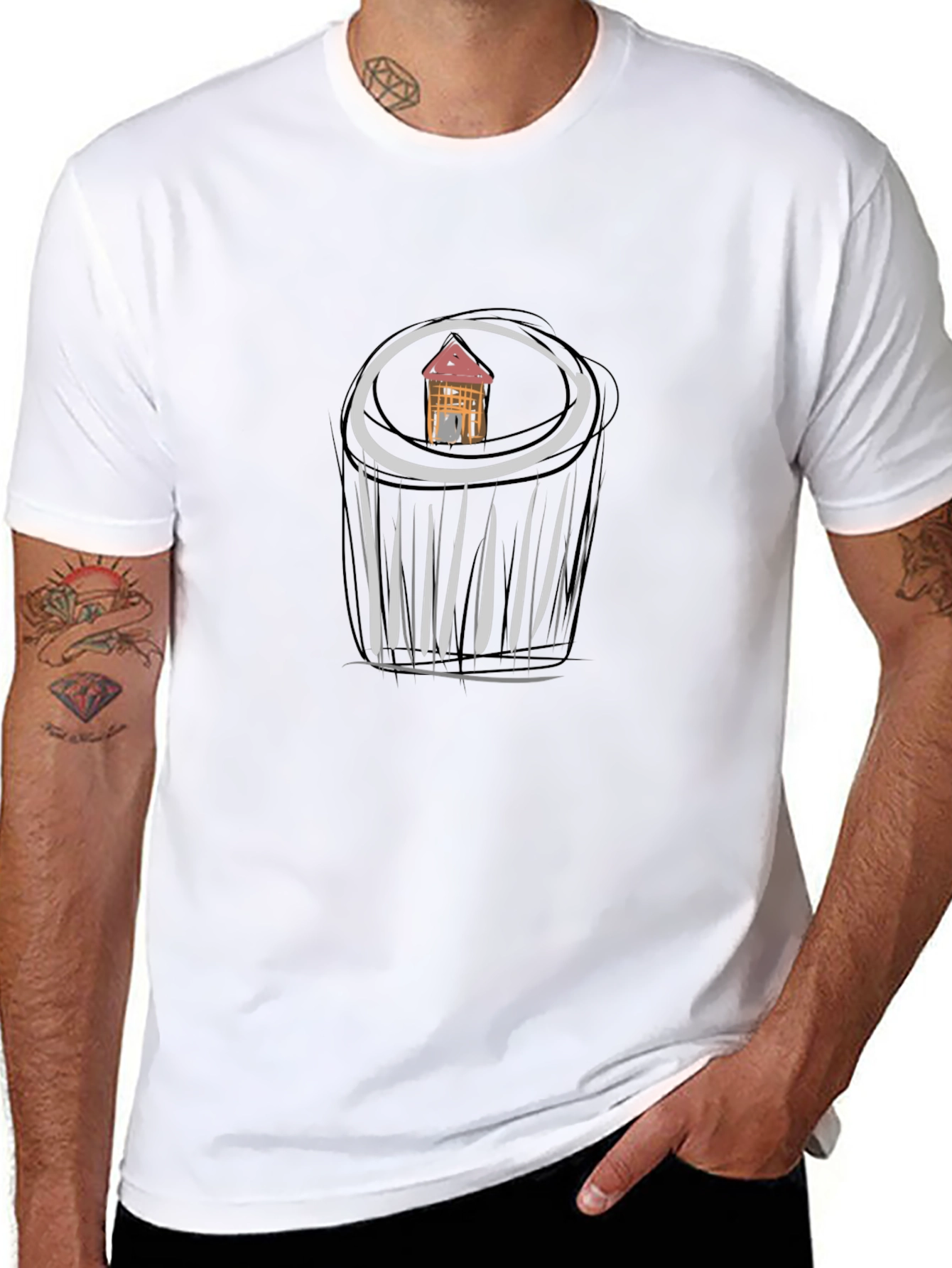Unique Black T-Shirt with House Sketch