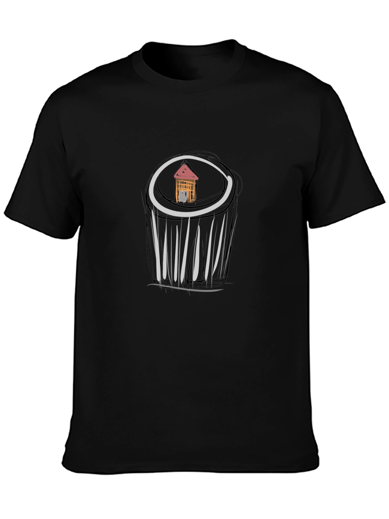 Unique Black T-Shirt with House Sketch