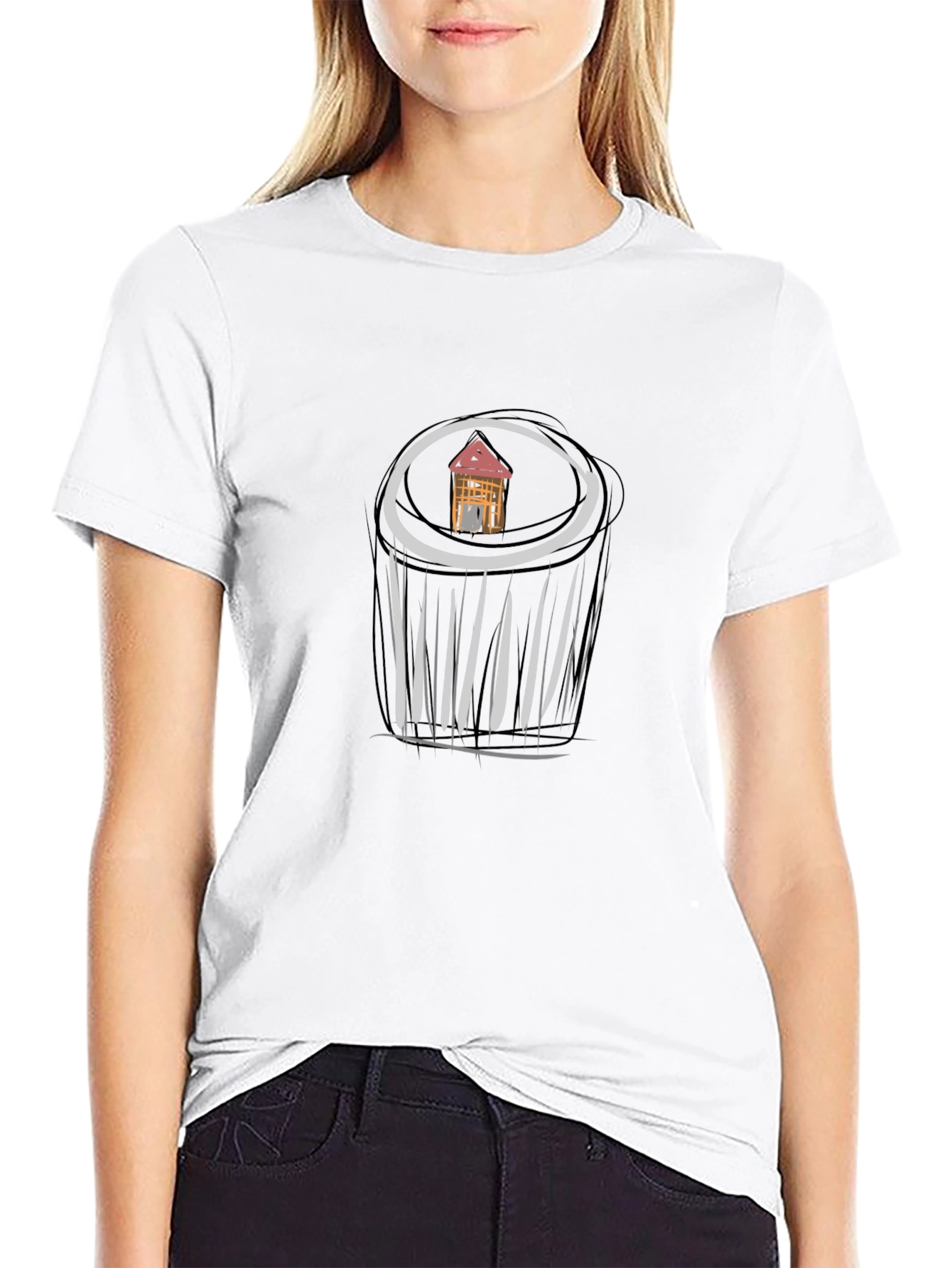 Unique Black T-Shirt with House Sketch