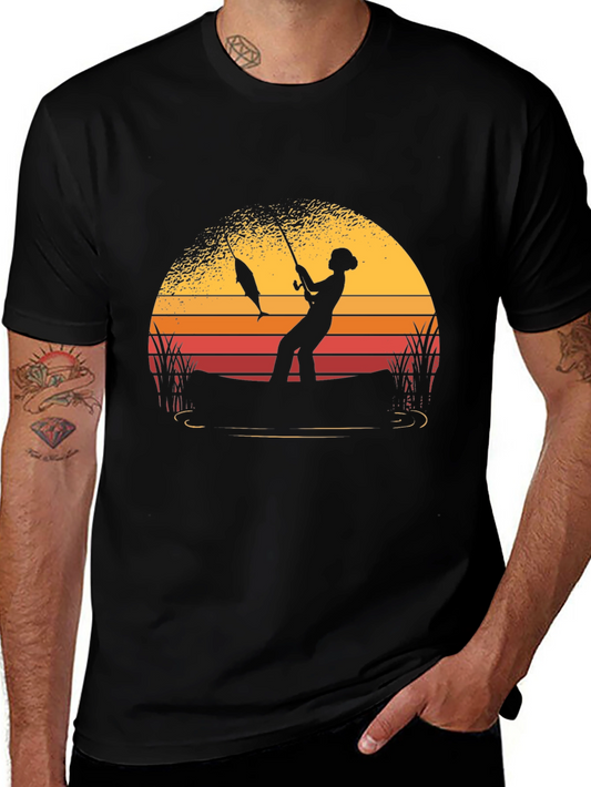 Fisherman Sunset Graphic Tee - Black Cotton Shirt