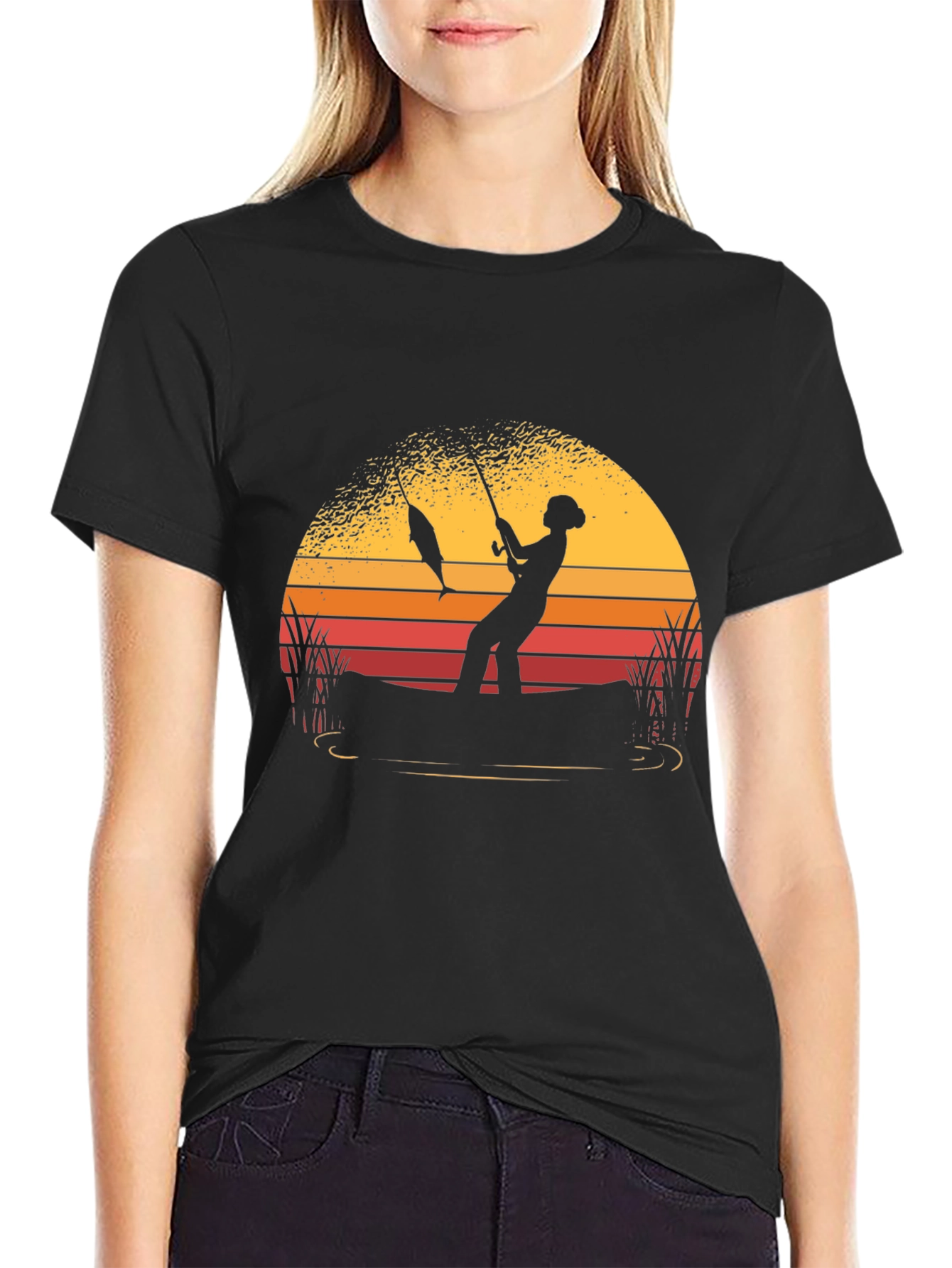 Fisherman Sunset Graphic Tee - Black Cotton Shirt