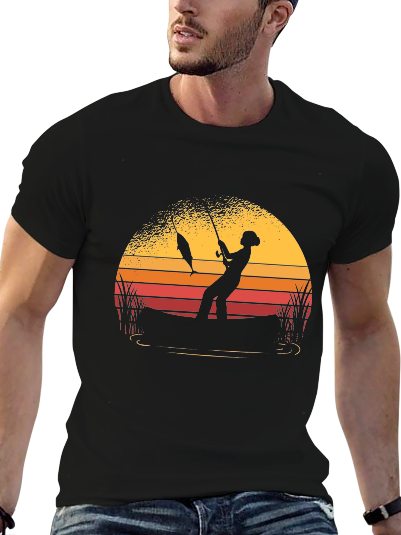 Fisherman Sunset Graphic Tee - Black Cotton Shirt