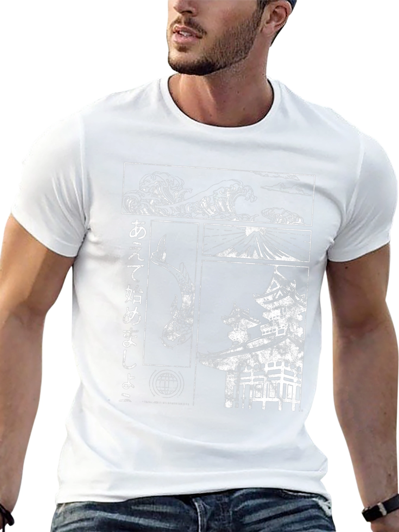 Japanese Art T-Shirt - Koi Wave and Temple Design