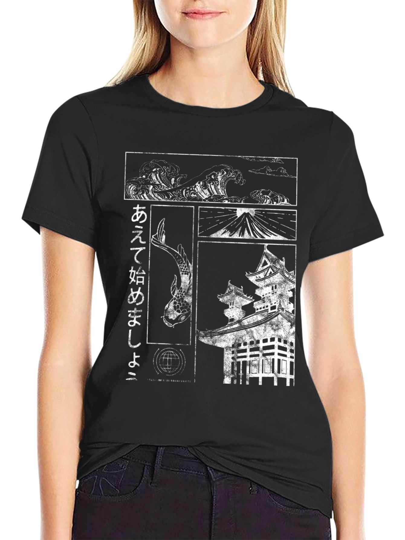 Japanese Art T-Shirt - Koi Wave and Temple Design