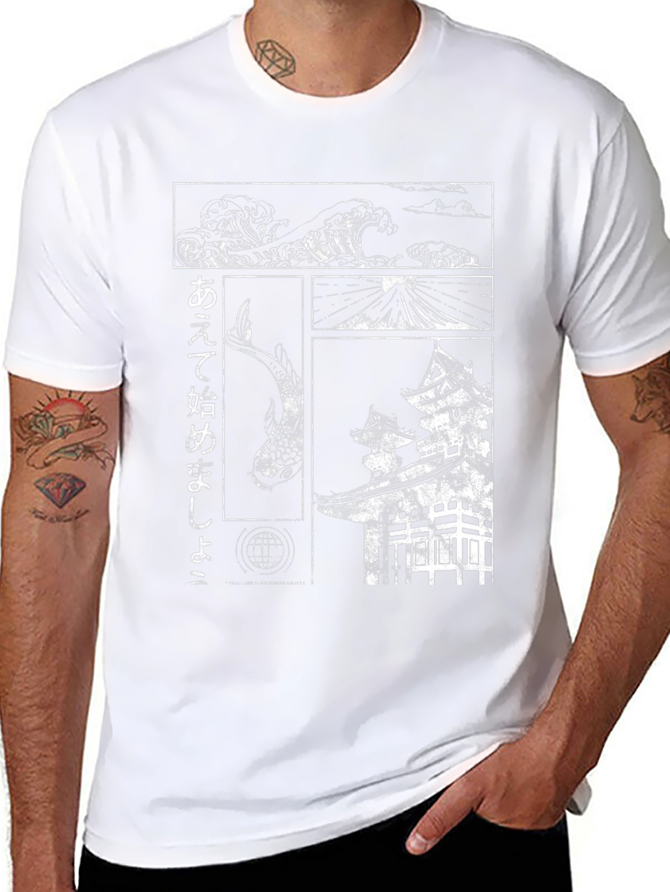 Japanese Art T-Shirt - Koi Wave and Temple Design