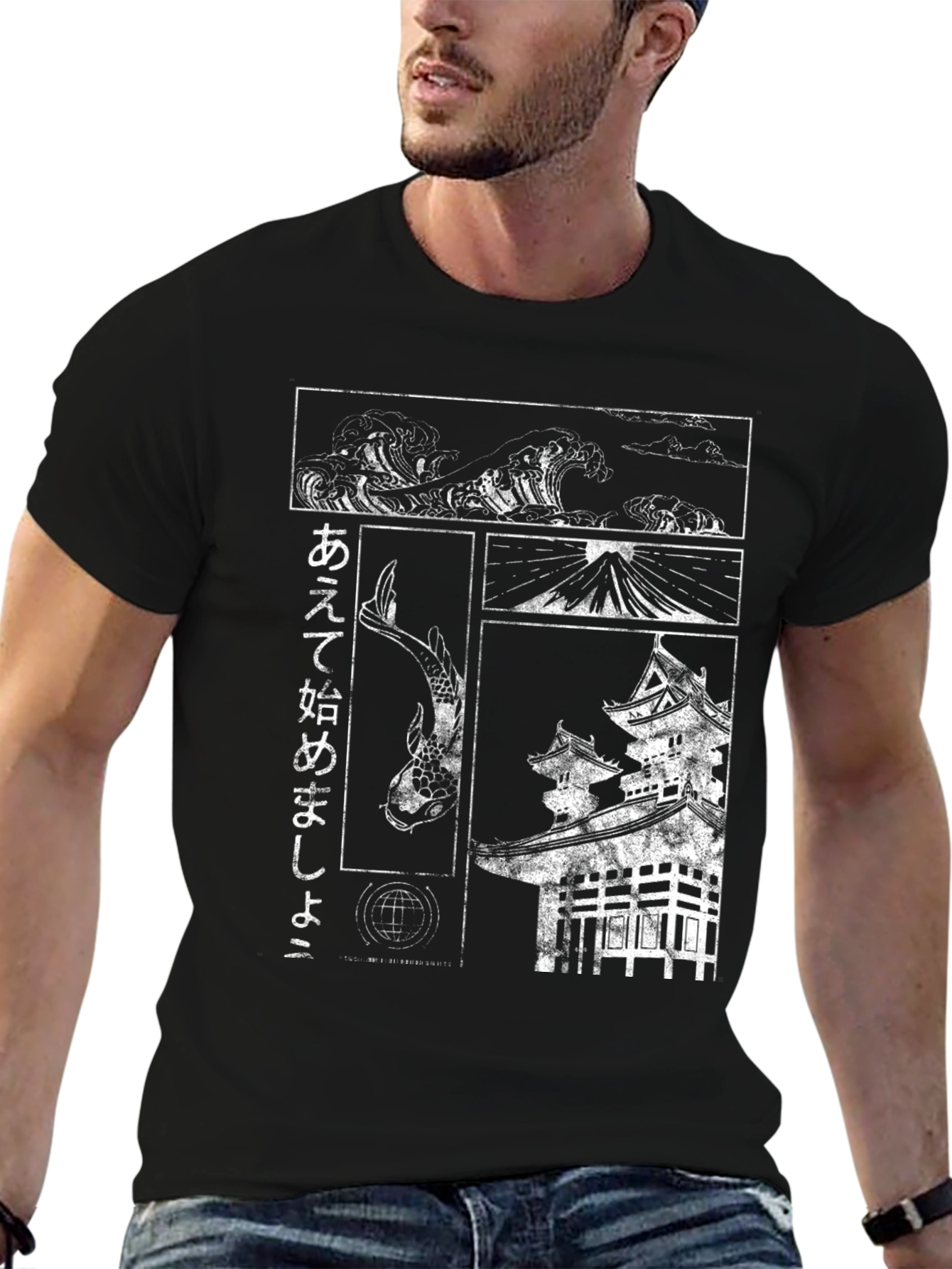 Japanese Art T-Shirt - Koi Wave and Temple Design