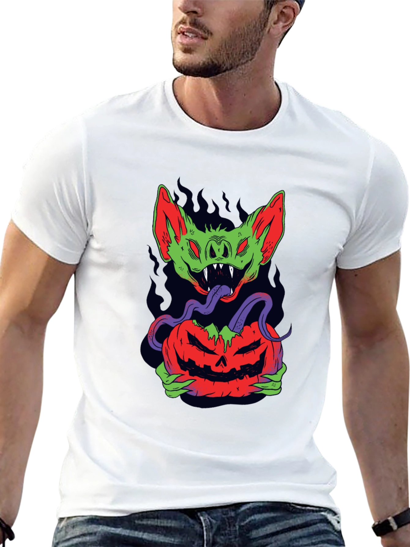 Halloween Bat Pumpkin Graphic Tee - Mens Black T-Shirt