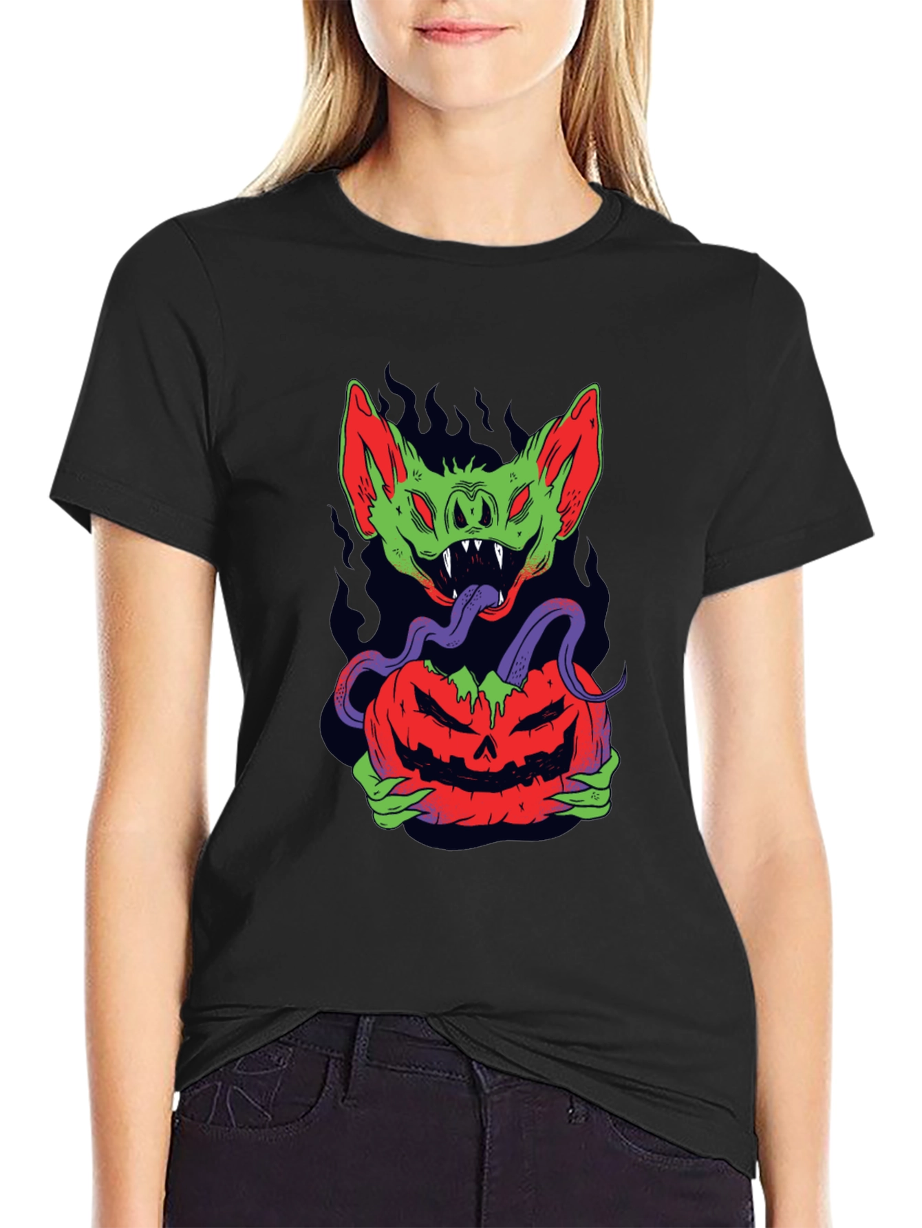 Halloween Bat Pumpkin Graphic Tee - Mens Black T-Shirt