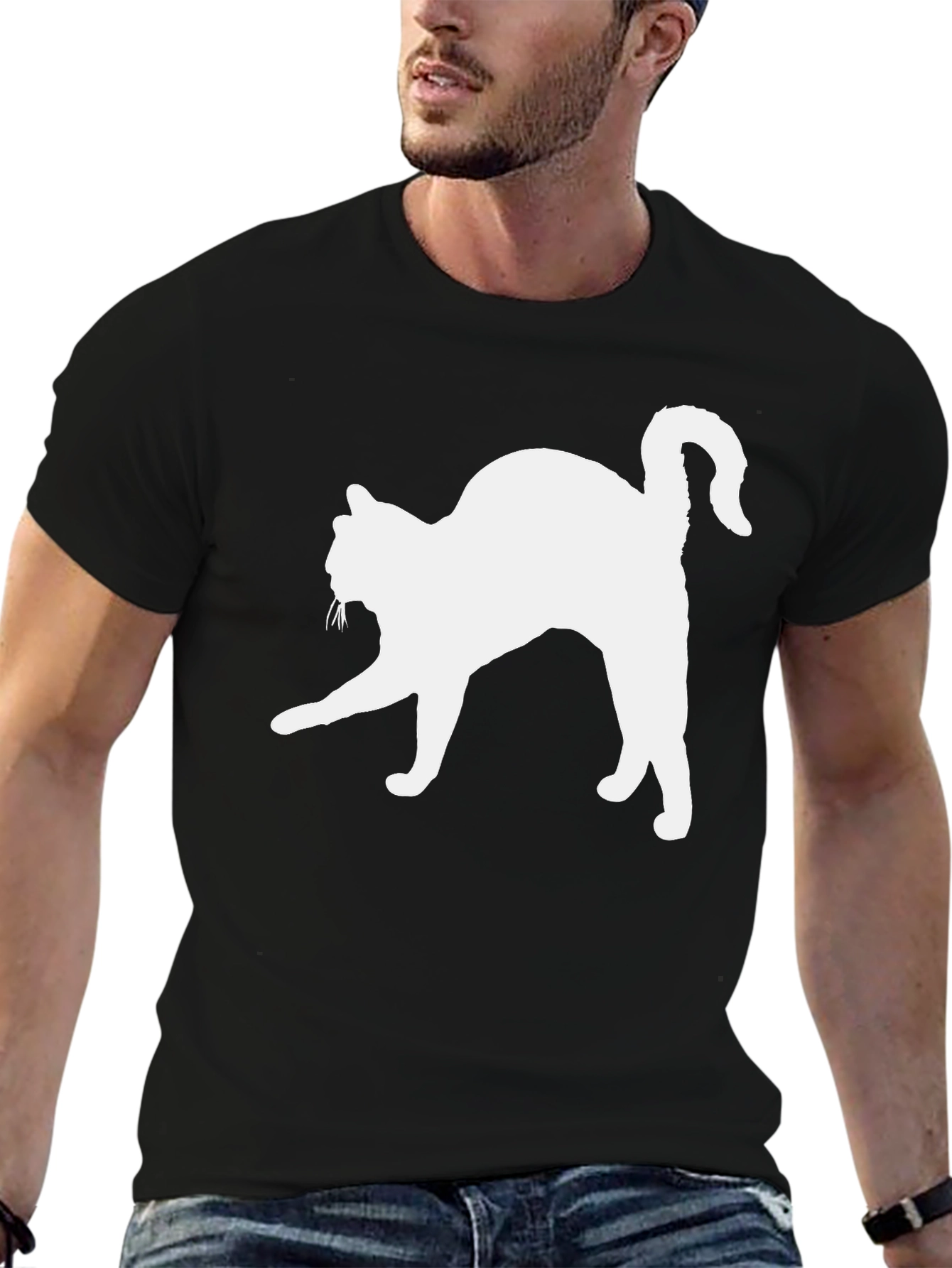Cat Silhouette T-Shirt - Black Cotton Tee
