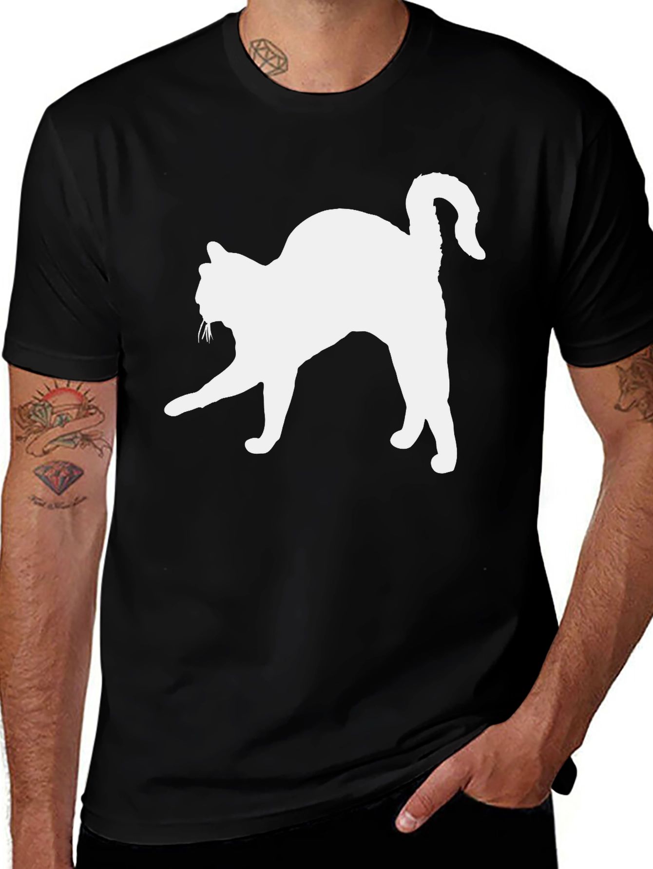 Cat Silhouette T-Shirt - Black Cotton Tee