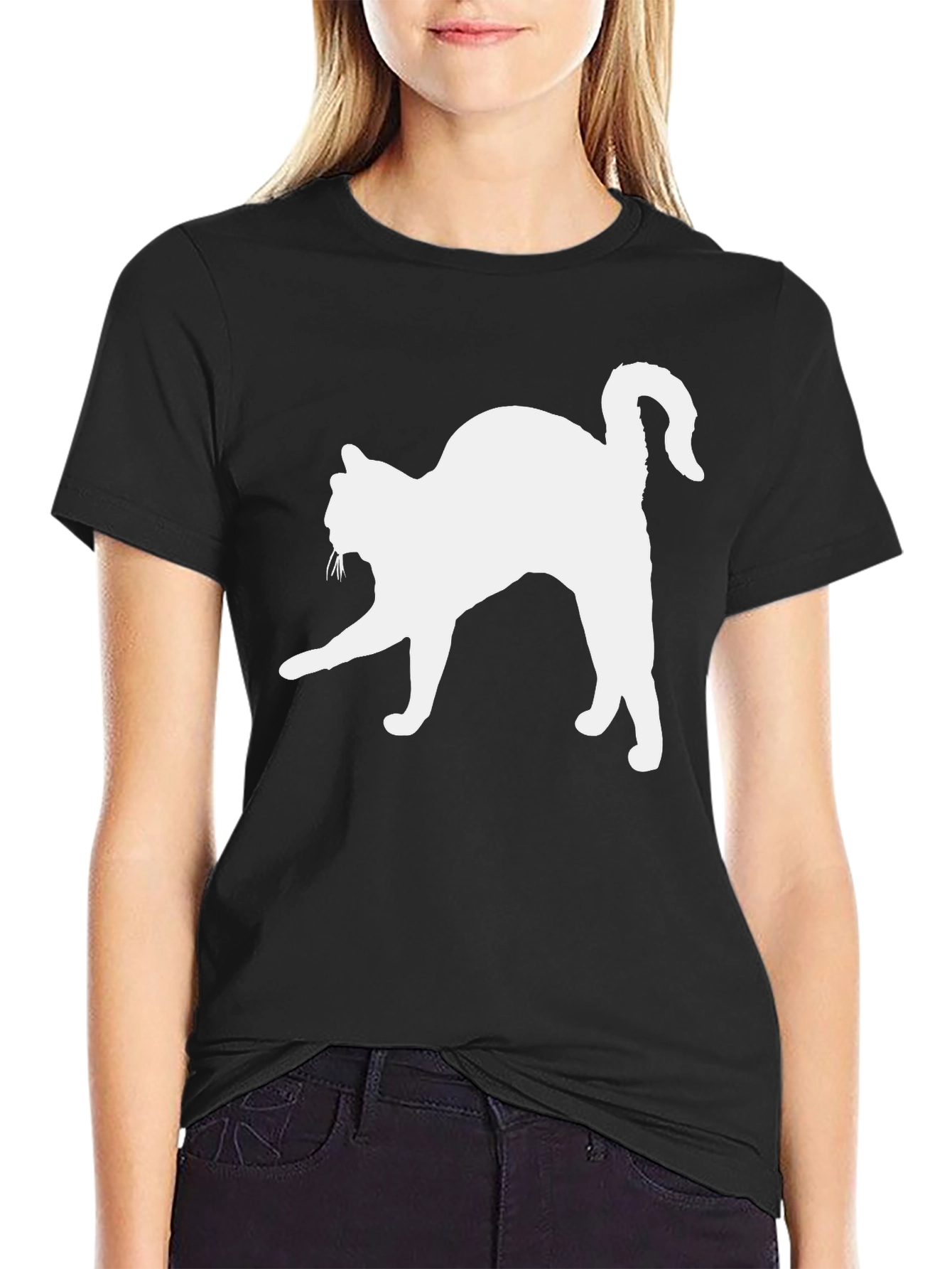 Cat Silhouette T-Shirt - Black Cotton Tee