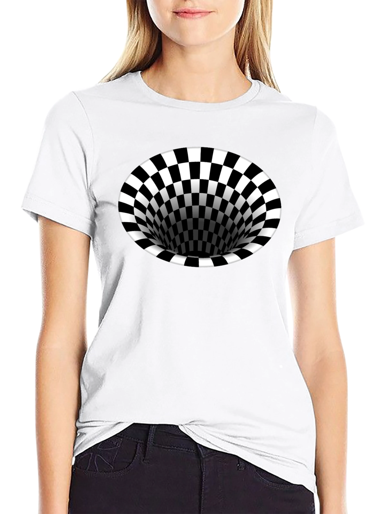 Optical Illusion T-Shirt - Black Hole Checkerboard Tee