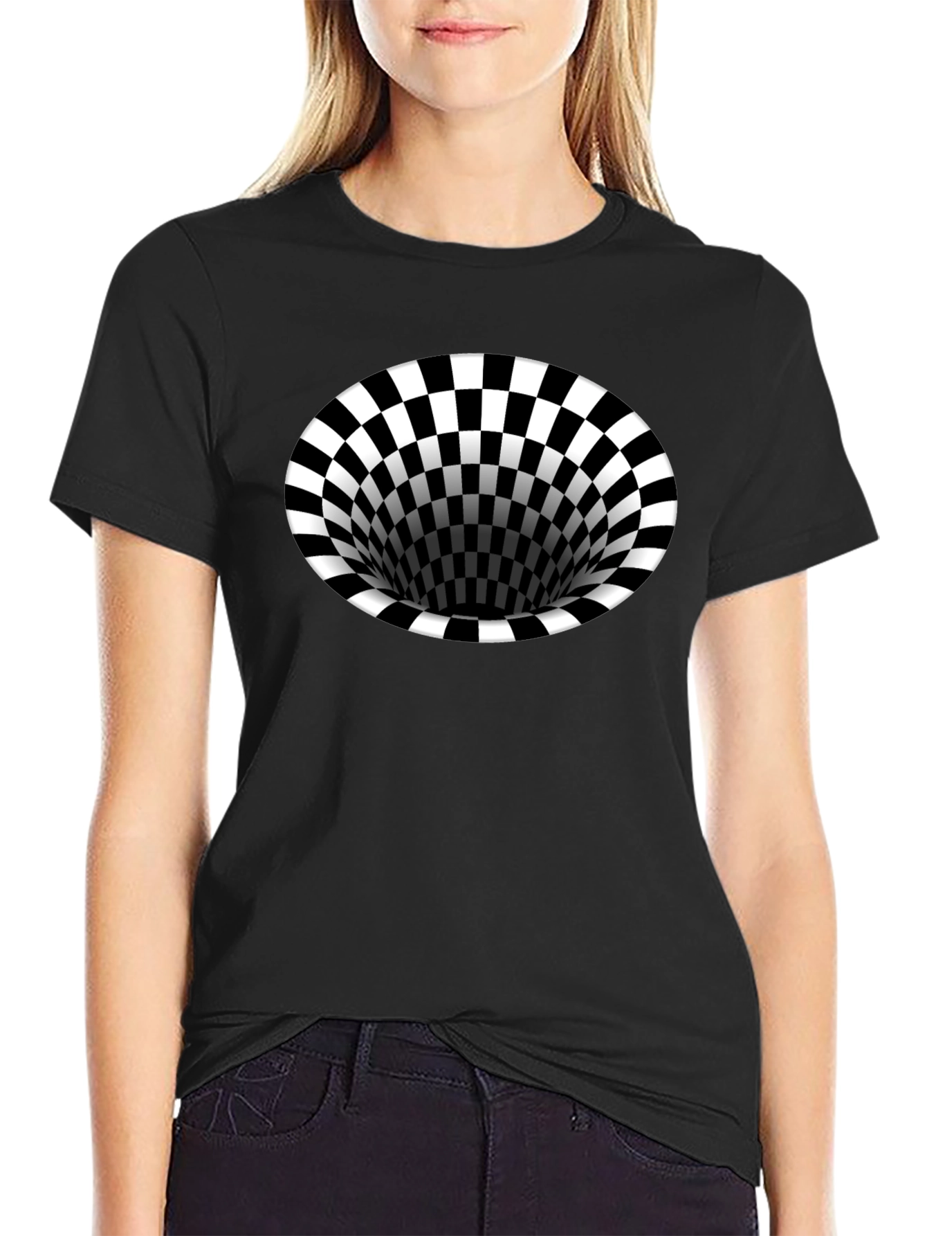 Optical Illusion T-Shirt - Black Hole Checkerboard Tee